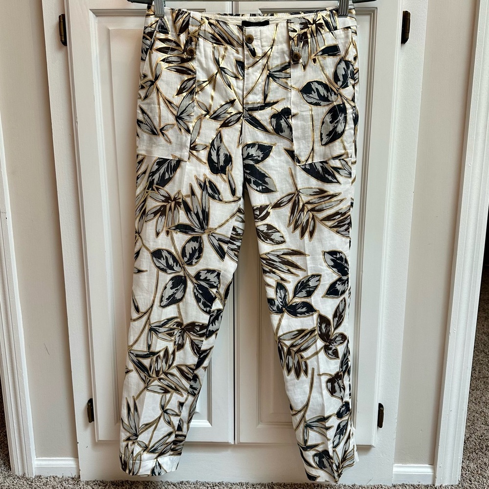 NWT J. Crew Garden Pant Slim Cropped Gold Foil Leaf Print 100% Linen Size 0